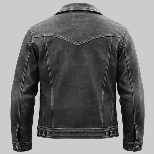 Men's Distressed Leather Trucker Jacket.