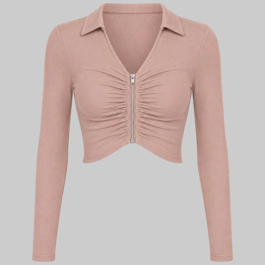 Women's Ruched Zip Front Ribbed Crop Top