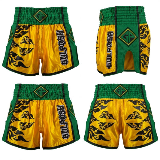 Gulposh Muay Thai Tiger Edition Kickboxing Shorts (Vibrant Yellow / Emerald Green).