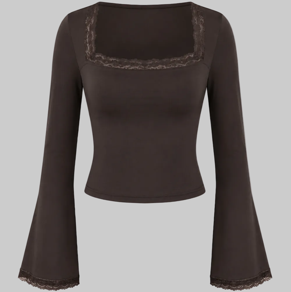Women's Lace Trim Square Neck Bell Sleeve Crop Top