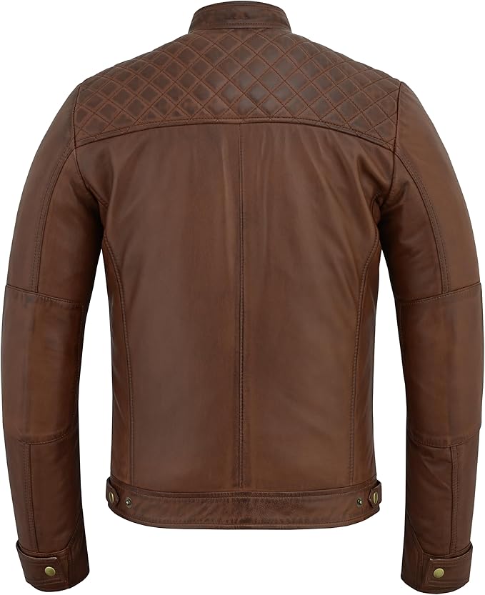 Men's "Quilt-Shoulder" Cognac Cafe Racer Leather Jacket