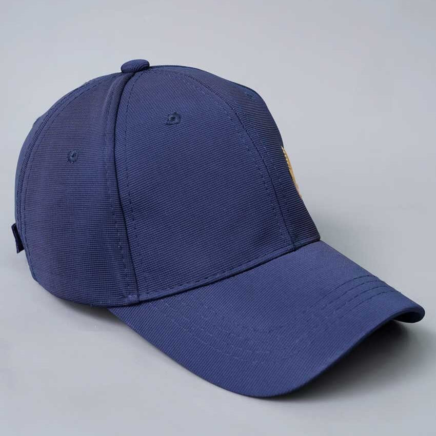 Navy Blue Structured Cap with Gold Metallic Leaf Emblem