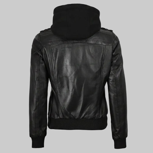 Edinburgh Women's Hooded Black Leather Bomber Jacket (Moto-Style).