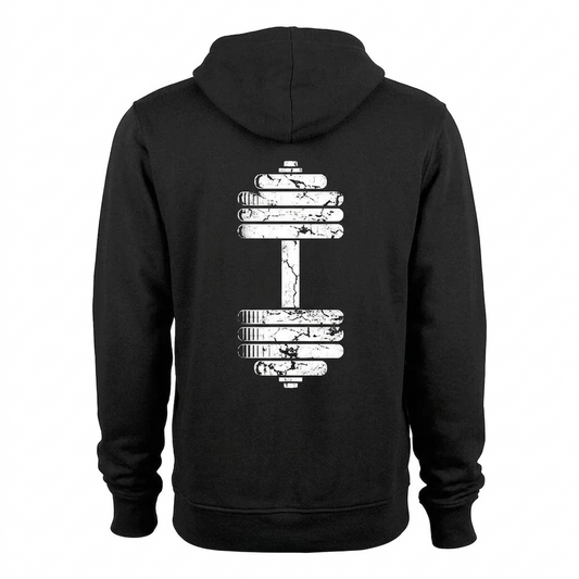 The Urban Strength Fist & Barbell distressed hoodie.