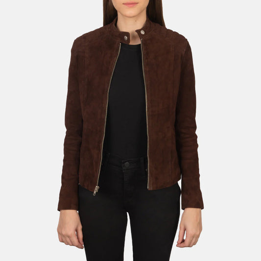 Women's Chocolate Suede Cafe Racer Jacket (Quilted Shoulder Moto).