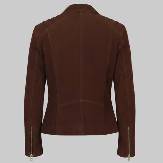 Women's Chocolate Suede Cafe Racer Jacket (Quilted Shoulder Moto).