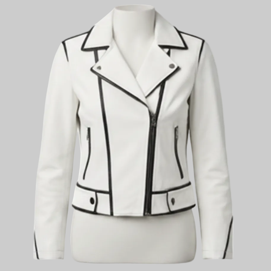Women’s White Leather Biker Jacket with Black Piping Detail