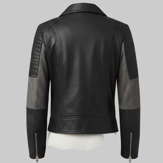 Women’s Two-Tone Asymmetric Leather Biker Jacket (Black & Charcoal Grey)