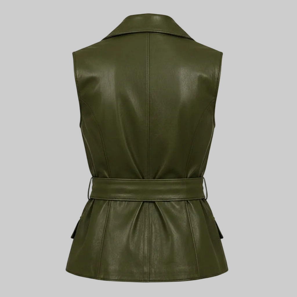 Women's Lapel Belted Wrap Leather Vest (Olive / Sage Green)