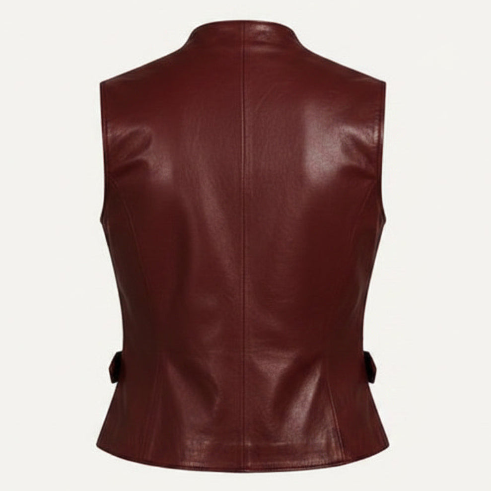 Women's High Neck Buckle Wrap Leather Vest (Burgundy / Wine Red)
