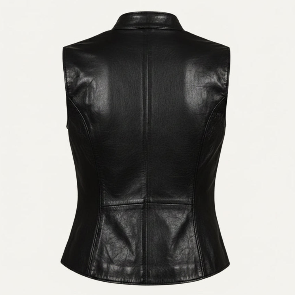 Women's Embossed Leather Mandarin Collar Frog-Closure Vest (Black)