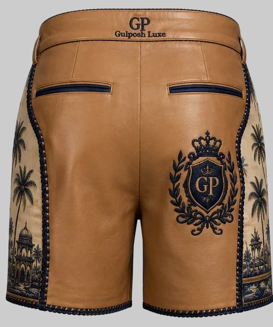 Gulposh Luxe Toile de Jouy Tan Leather Shorts