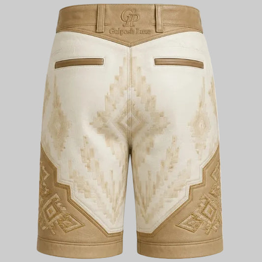 Gulposh Luxe Embroidered Leather Shorts (Cream/Tan)