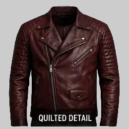 Quilted Detail Burgundy Biker Leather Jacket