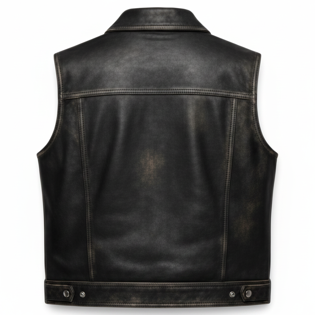 Men's Distressed Leather Club Vest (Denim-Style Seaming)