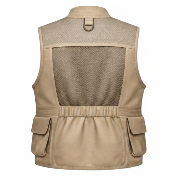 Men's Multi-Pocket Tactical Utility Safari Vest (Beige/Tan Leather)