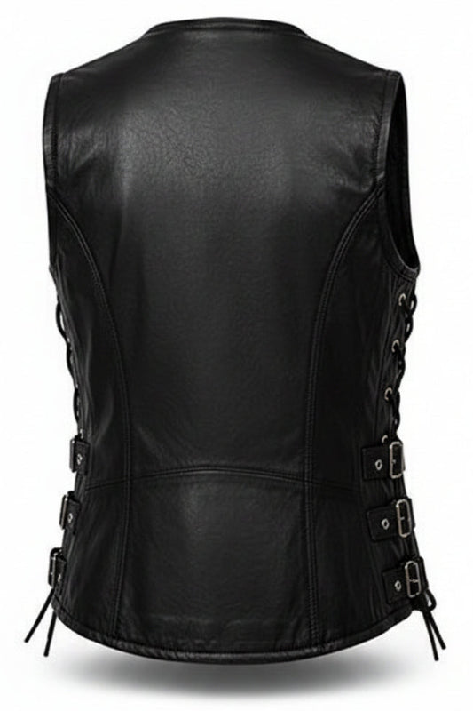 Gulposh Women's Side-Buckle & Lace Leather Biker Vest