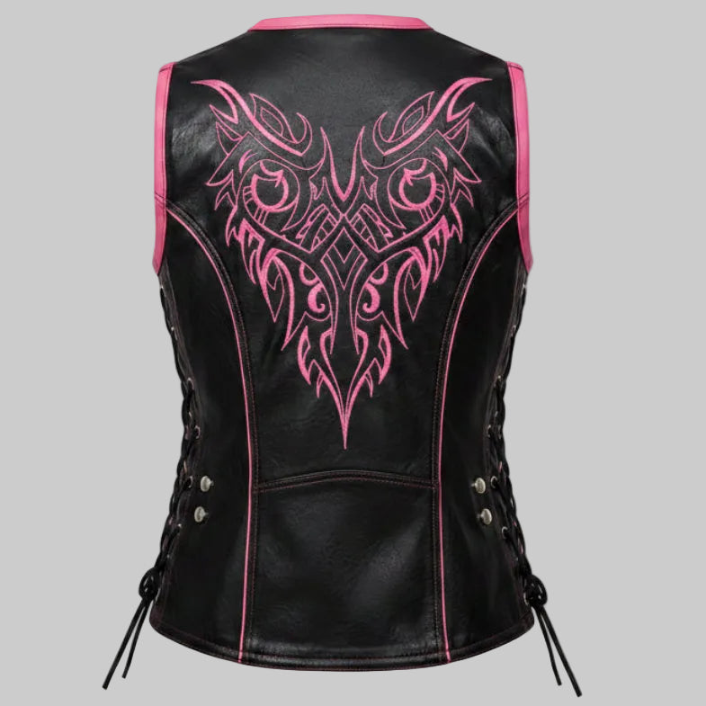 Gulposh Women's Embroidered Pink-Accent Leather Biker Vest