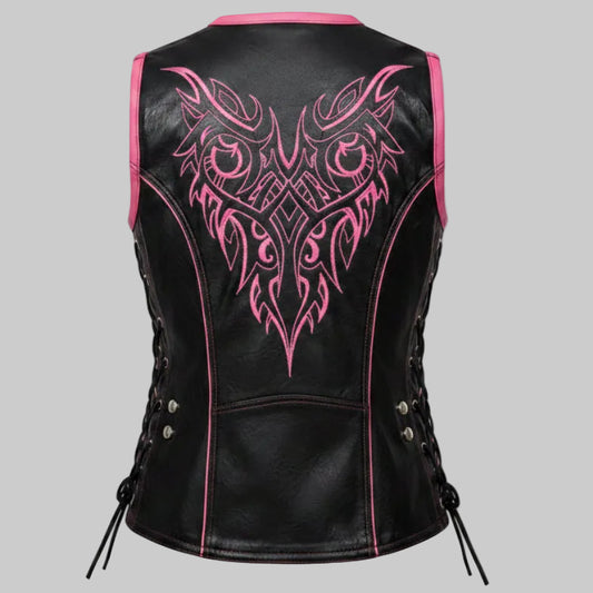 Gulposh Women's Embroidered Pink-Accent Leather Biker Vest