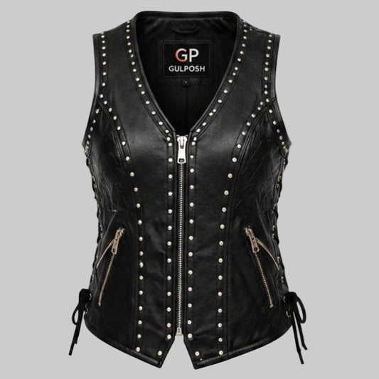 Gulposh Women's Multi-Row Studded Leather Biker Vest