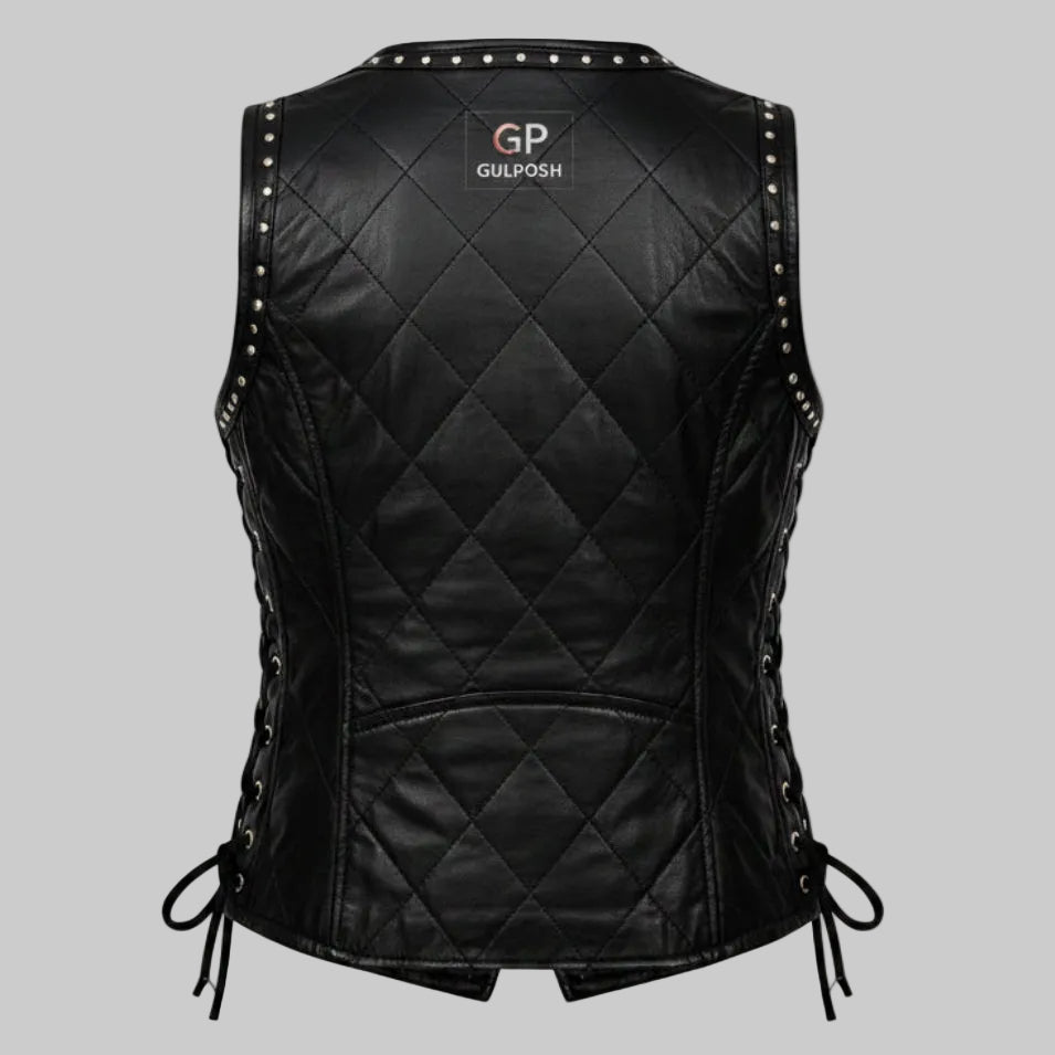 Gulposh Women's Multi-Row Studded Leather Biker Vest