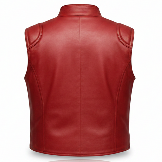 Men's Stand-Collar Leather Biker Vest (with Horizontal Chest Zip)