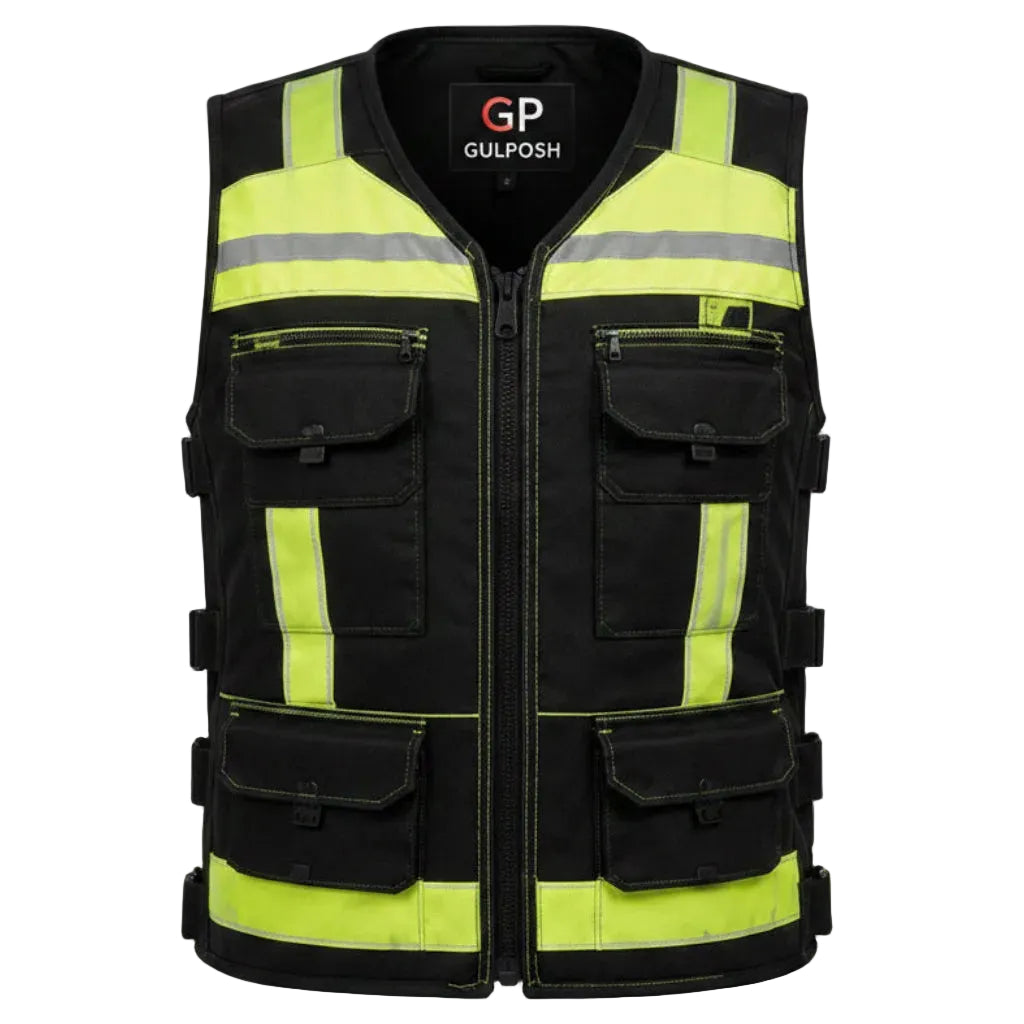 Gulposh Men's Hi-Vis Reflective Multi-Pocket Tactical Vest (Black & Lime Green)