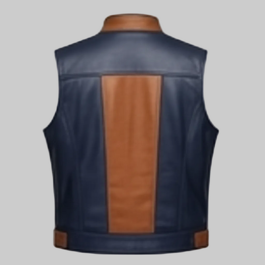 Men's Dual-Zip Two-Tone Leather Moto Vest (Wolverine-Inspired Panel Styling)
