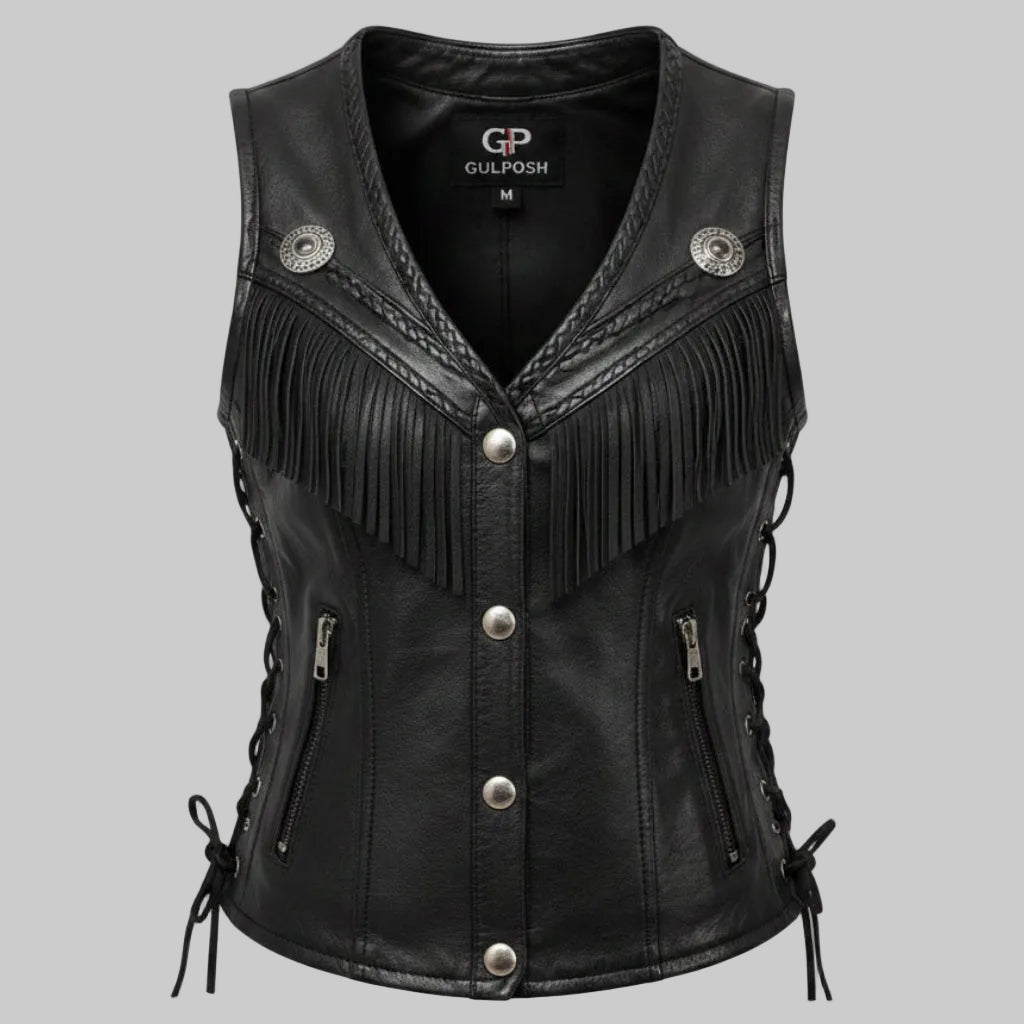 Gulposh Women's Western Fringed Concho Leather Biker Vest