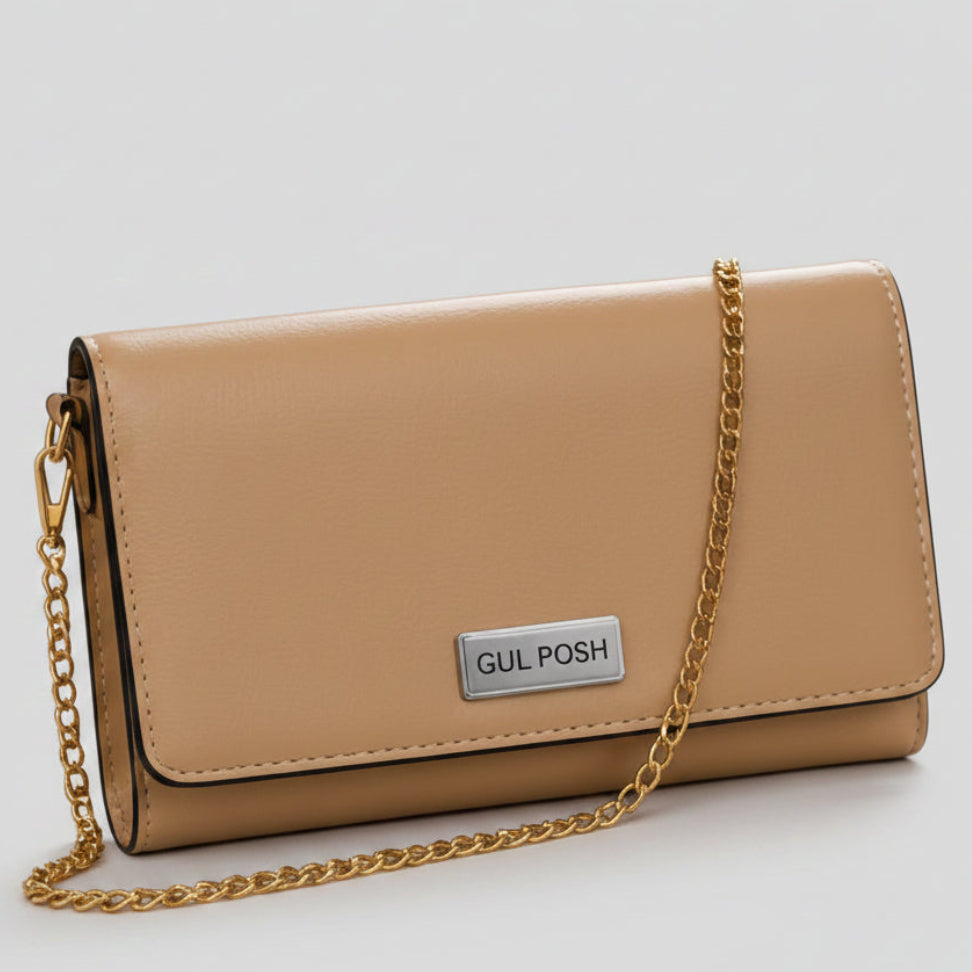 GUL POSH Classic Beige Chain Strap Flap Wallet / Crossbody Clutch