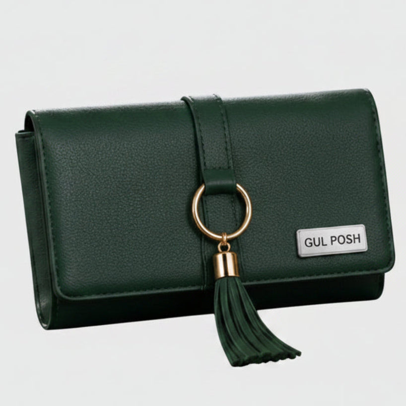GUL POSH Emerald Green Tassel Ring Flap Clutch / Wallet