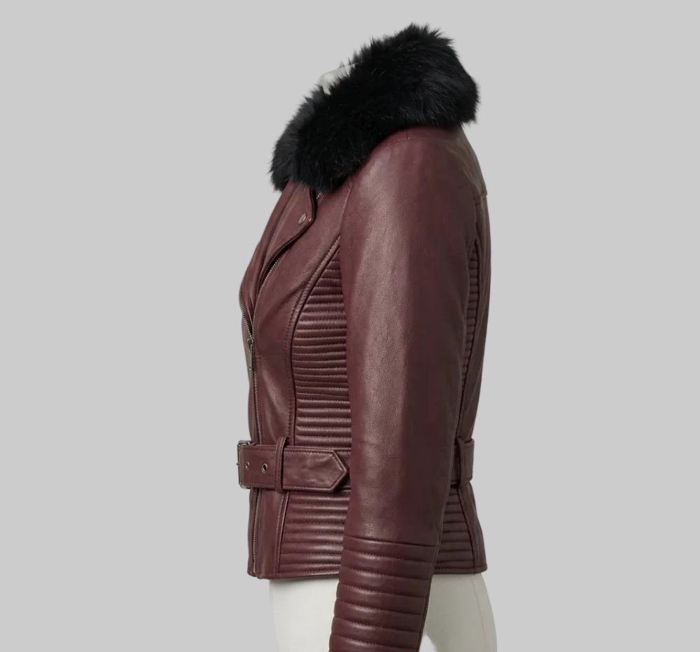 Women's Burgundy Leather Biker Jacket with Faux Fur Collar