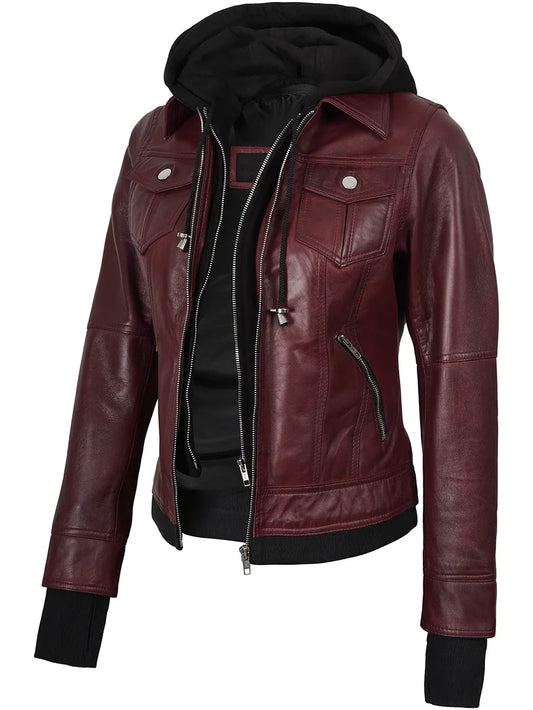 Women's Maroon Hooded Bomber Leather Jacket