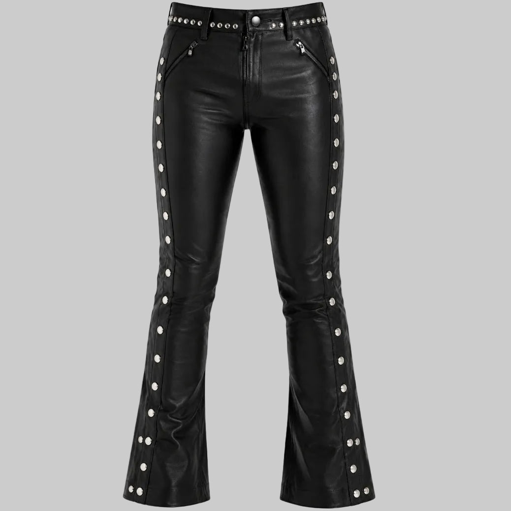 Women's Studded Side-Snap Leather Flare Pants