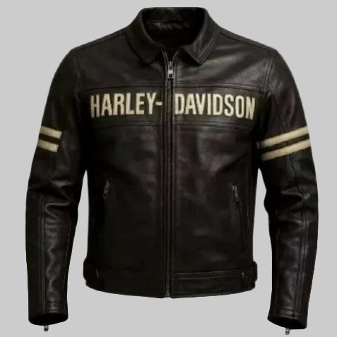 Men's Vintage Retro-Stripe Leather Motorcycle Jacket