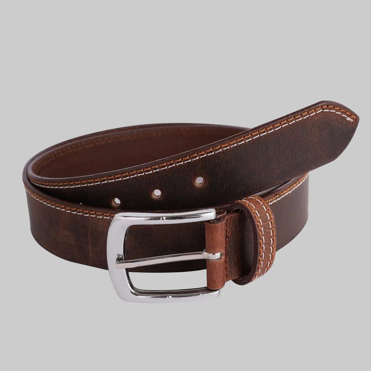 Gulposh Contrast-Stitched Distressed Leather Casual Belt (Dark Brown)