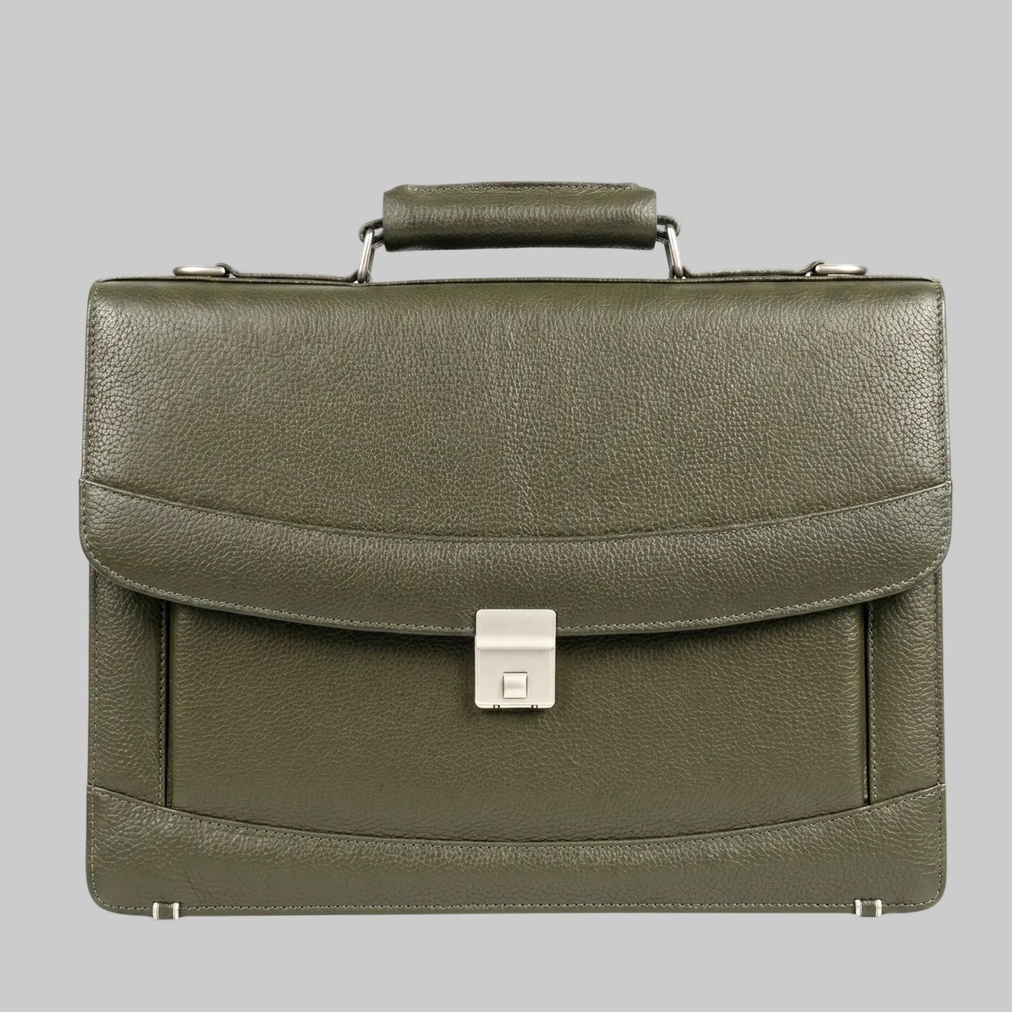 Olive Green Pebbled Leather Briefcase with Silver Clasp