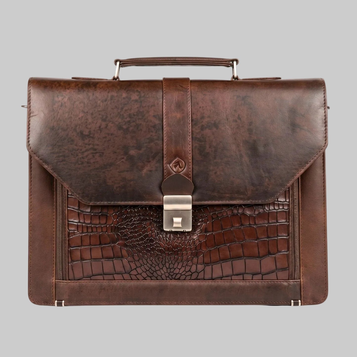 Brown Leather Briefcase with Crocodile-Embossed Panel and Clasp