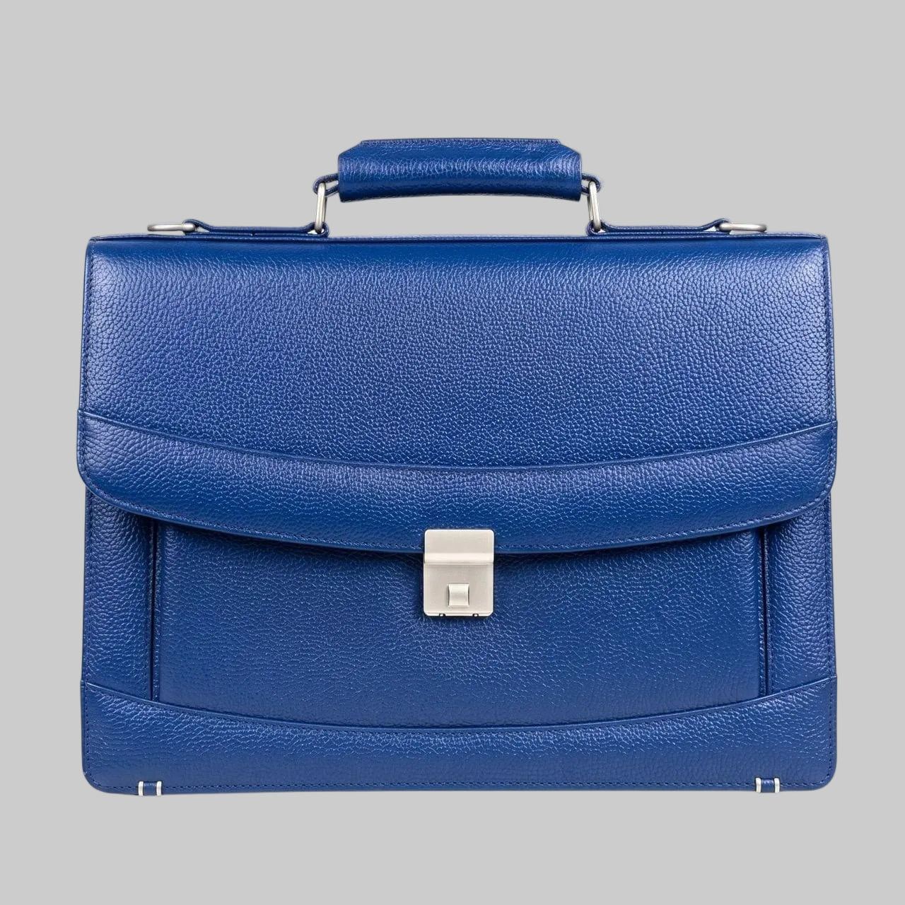 Blue Pebbled Leather Briefcase with Flap and Clasp