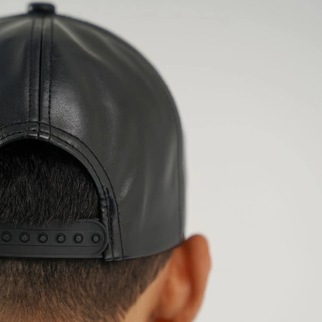 Black Faux Leather Premium Baseball Cap.