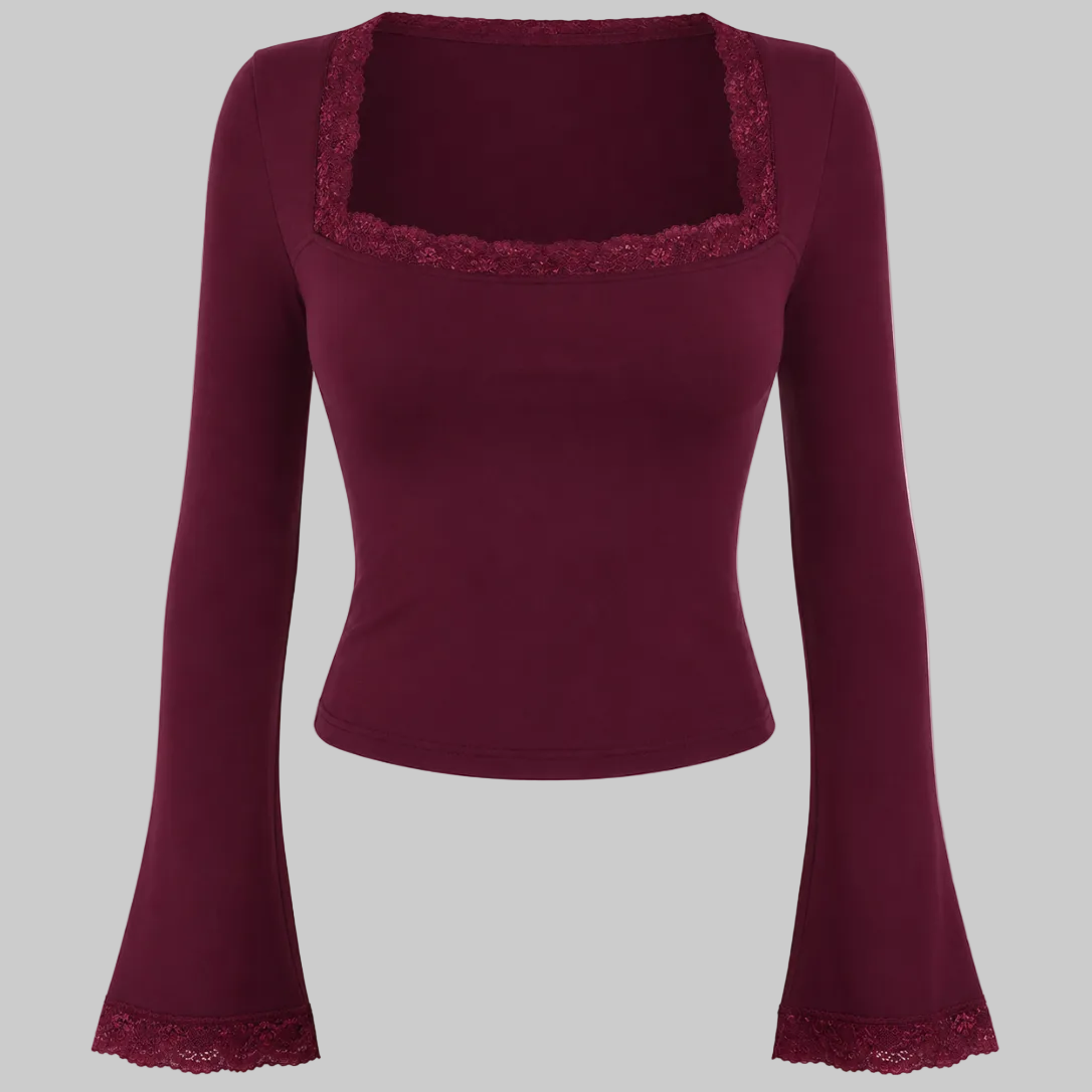 Burgundy Lace Trim Square Neck Flare Sleeve Top