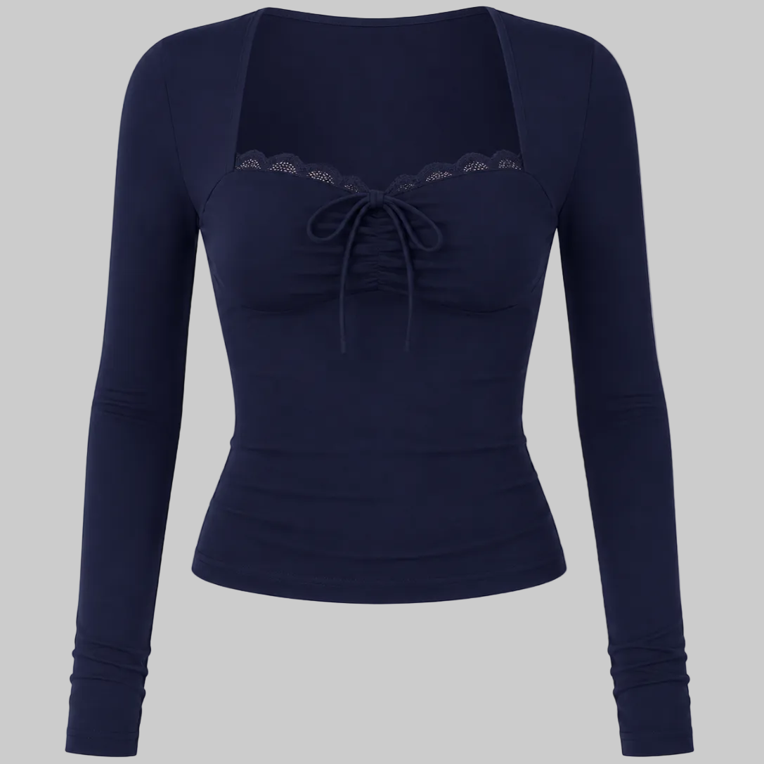 Navy Blue Lace Trim Ruched Tie Front Long Sleeve Top