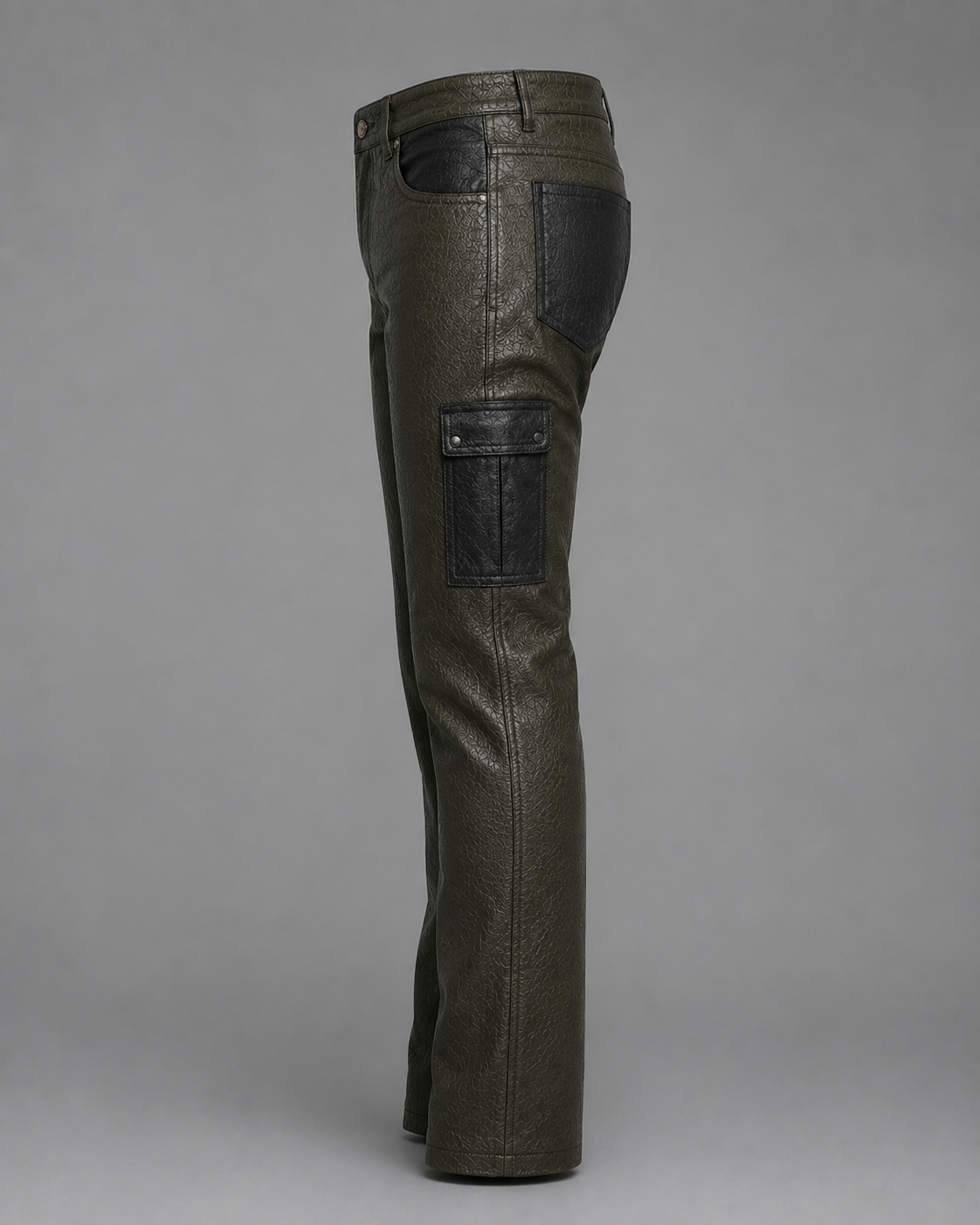 Olive Noir Deer-Embossed Leather Cargo Pants