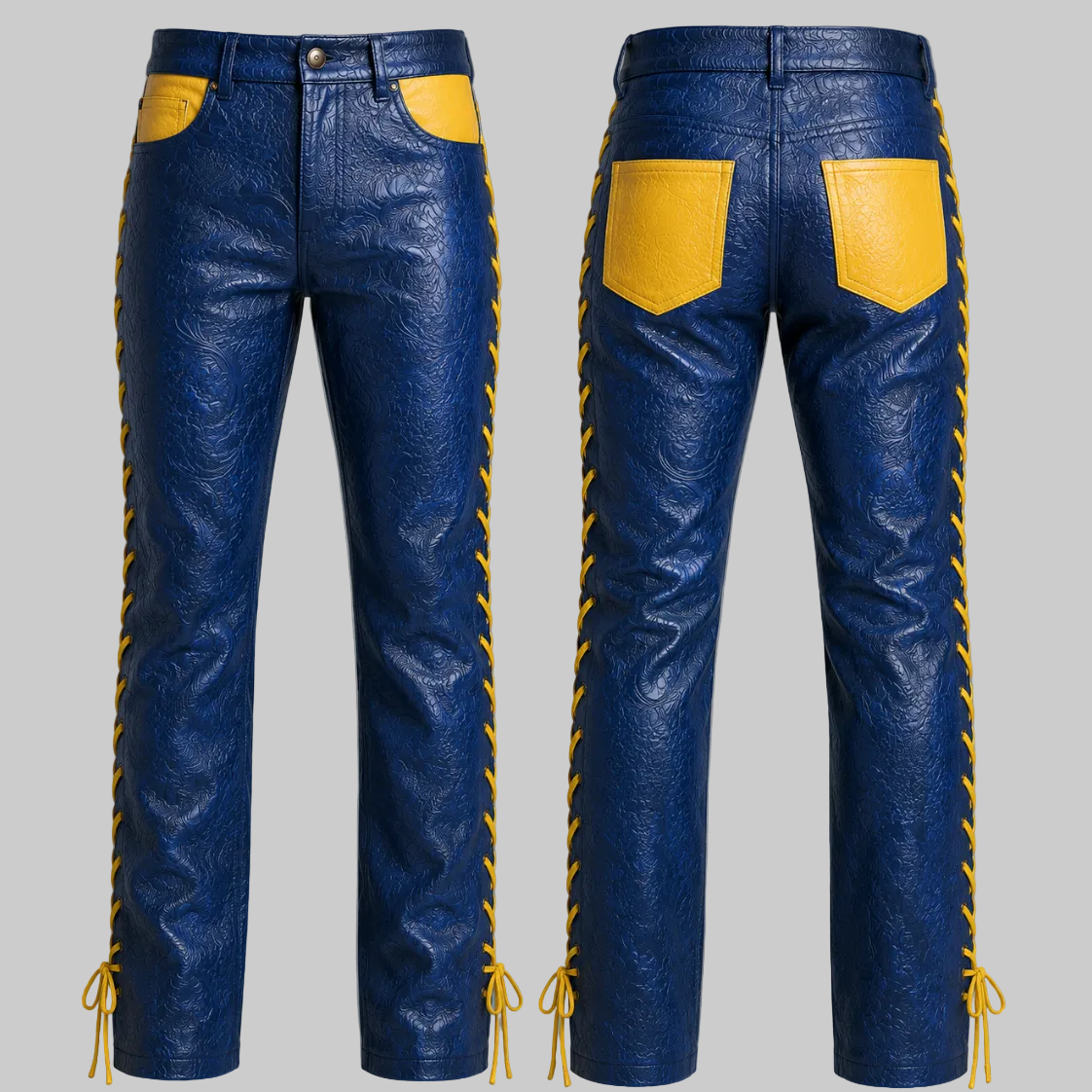 Blue Cowwexy Embossed Leather Lace-Up Pants