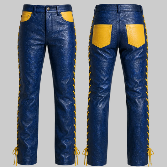 Blue Cowwexy Embossed Leather Lace-Up Pants