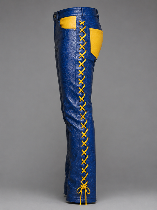 Blue Cowwexy Embossed Leather Lace-Up Pants