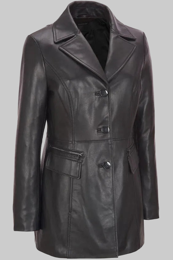 Women's Premium Long Leather Coat Blazer