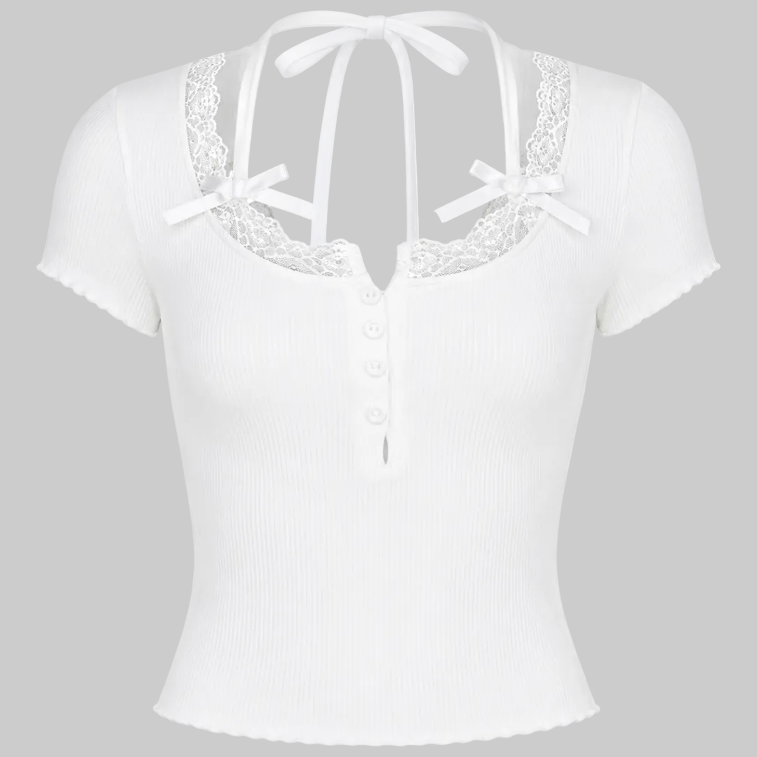 Women's Lace Trim Ribbed Knit Tie-Back Crop Top