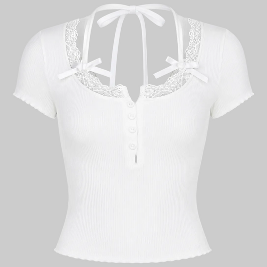 Women's Lace Trim Ribbed Knit Tie-Back Crop Top