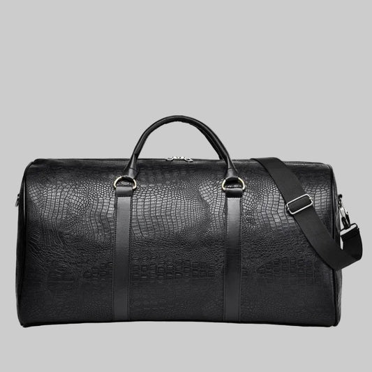 Stealth Black Crocodile-Embossed Leather Weekender Duffel Bag